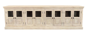 Homeroots 118" White Solid Wood Distressed Sideboard - Coastal Charm With 8 Glass Doors & Antique Hardware   557698
