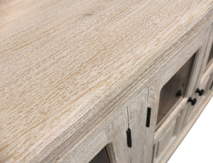 Homeroots 118" White Solid Wood Distressed Sideboard - Coastal Charm With 8 Glass Doors & Antique Hardware   557698