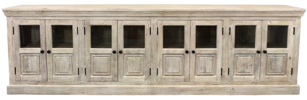 HomeRoots 118" Antiqued White Distressed Solid Wood Sideboard with 8 Glass Doors for Elegant Storage Solutions 557698