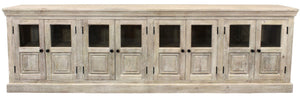 HomeRoots 118" Antiqued White Distressed Solid Wood Sideboard with 8 Glass Doors for Elegant Storage Solutions 557698