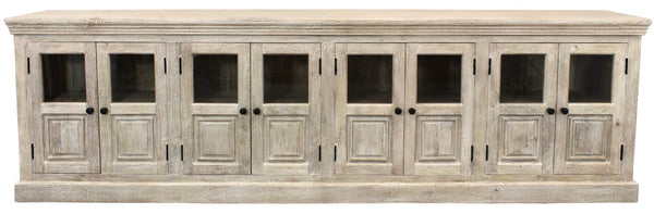 HomeRoots 118" Antiqued White Distressed Solid Wood Sideboard with 8 Glass Doors for Elegant Storage Solutions 557698