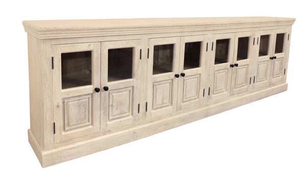 Homeroots 118" White Solid Wood Distressed Sideboard - Coastal Charm With 8 Glass Doors & Antique Hardware   557698