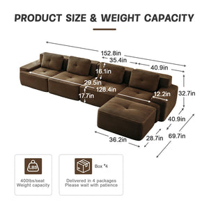 English Elm 153" Modern L-Shaped Modular Sectional Sofa - Cozy Corduroy Couch With Movable Ottoman & Tufted Design W714S01508