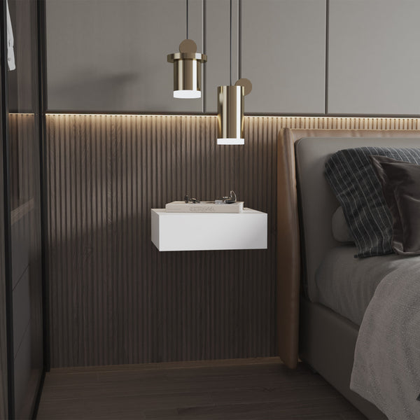 English Elm White Floating Nightstand Wall-Mounted | Sleek Modern Minimalist Design, Drawer Storage, Space-Saving Elegance B062P175152
