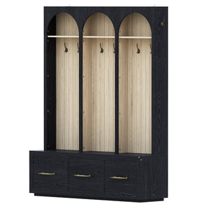 English Elm Farmhouse Hall Tree with Arched Panels Bench Drawers and Hooks for Mudroom Entryway Black W5271S00005