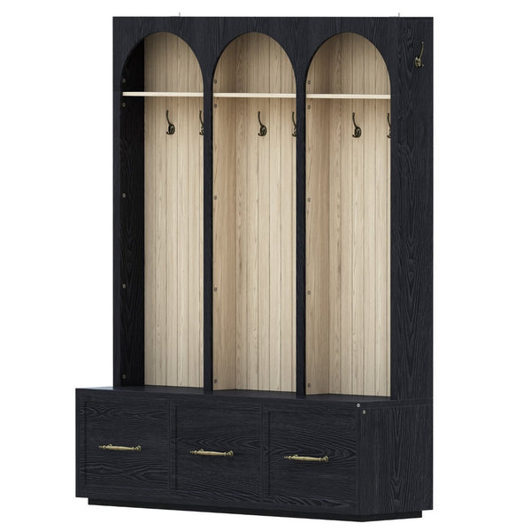 English Elm Farmhouse Hall Tree with Arched Panels Bench Drawers and Hooks for Mudroom Entryway Black W5271S00005