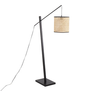 English Elm Arturo Contemporary Floor Lamp: Black Wood & Steel With Woven Rattan Shade For Cozy Illumination B202S01386