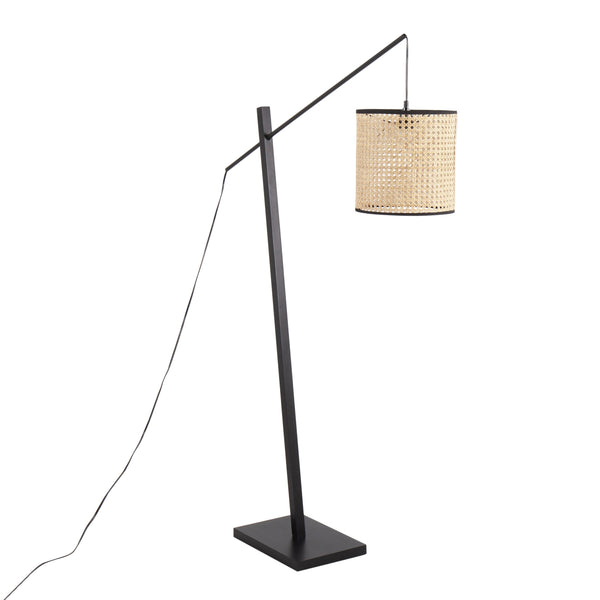 English Elm Arturo Contemporary Floor Lamp: Black Wood & Steel With Woven Rattan Shade For Cozy Illumination B202S01386