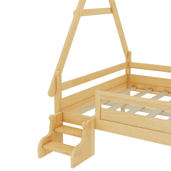 English Elm Twin House Shaped Platform Bed Solid Pine Frame with Built in Stairs for Kids Natural W1580P354721
