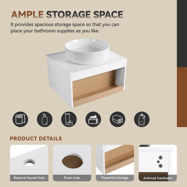 English Elm 24" Floating Oak Plywood Bathroom Vanity Set with Glossy Resin Sink Scandinavian Style W3450S00051