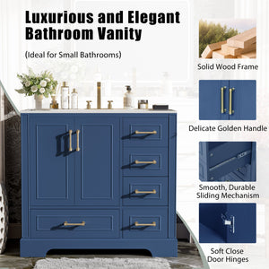 English Elm 36" Traditional Bathroom Vanity with Ceramic Sink, Solid Wood Cabinet, Soft-Close Doors & Drawers Blue N729P251630C