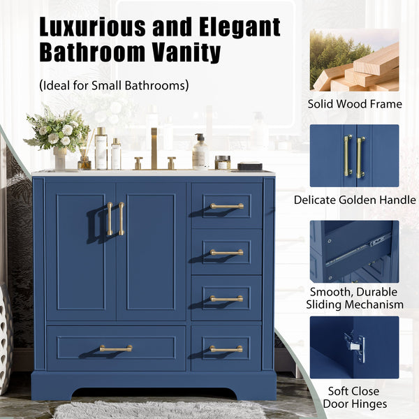 English Elm 36" Traditional Bathroom Vanity with Ceramic Sink, Solid Wood Cabinet, Soft-Close Doors & Drawers Blue N729P251630C