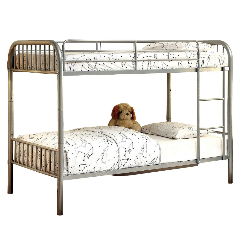 English Elm Silver Twin-Over-Twin Metal Bunk Bed 79"W x 61"H Contemporary Silver Finish Sturdy Rails Ladder Safety B2741P353740