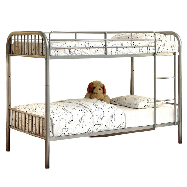 English Elm Silver Twin-Over-Twin Metal Bunk Bed 79"W x 61"H Contemporary Silver Finish Sturdy Rails Ladder Safety B2741P353740