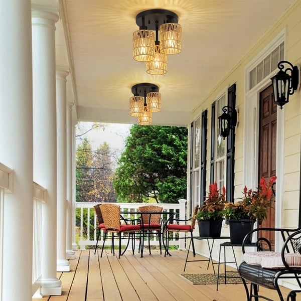 English Elm Flush Rattan 3-Light Semi Flush Mount Ceiling Light Fixture – Handwoven Eco Boho Farmhouse Chic Ambient Brown W2738P185408