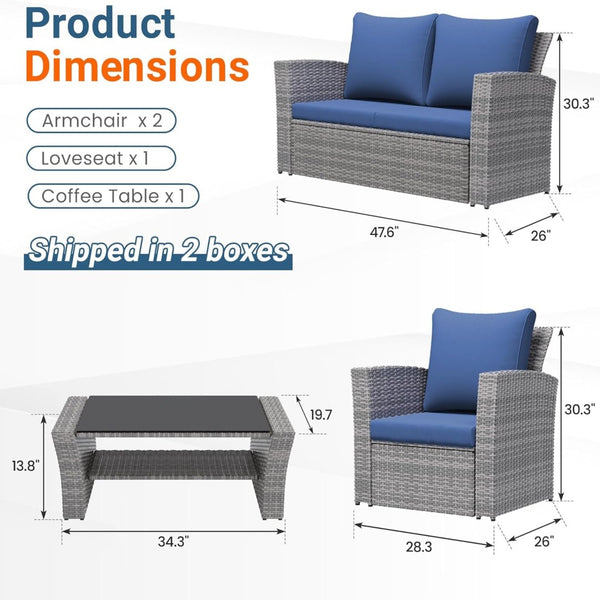 English Elm 4-piece Outdoor Wicker Conversation Set with Tempered Glass Table and Resort Style Blue+Brown B082S00057
