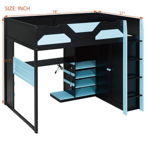 English Elm Full Size Loft Bed with Rgb Lighting Usb Charging Desk Wardrobe and Storage Shelves Blue LT000387AAC
