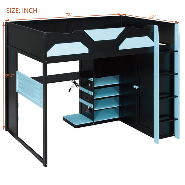 English Elm Full Size Loft Bed with Rgb Lighting Usb Charging Desk Wardrobe and Storage Shelves Blue LT000387AAC