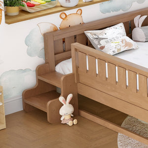 English Elm Queen Bunk Bed with Trundle Solid Pine Kids Car Themed Frame Built-in Bookshelf Natural W1580S00564
