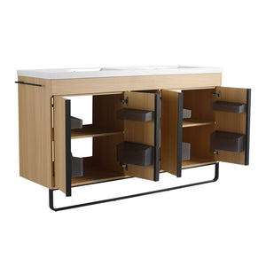 English Elm 60" Freestanding Bathroom Vanity with Dual Resin Sink, 4 Soft-Close Doors, 3 Open Shelves & Towel Hanger, Plywood Storage Boxes, Modern Durable Hardware W999S00480