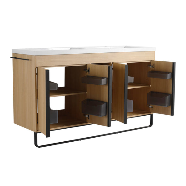 English Elm 60" Freestanding Bathroom Vanity with Dual Resin Sink, 4 Soft-Close Doors, 3 Open Shelves & Towel Hanger, Plywood Storage Boxes, Modern Durable Hardware W999S00480