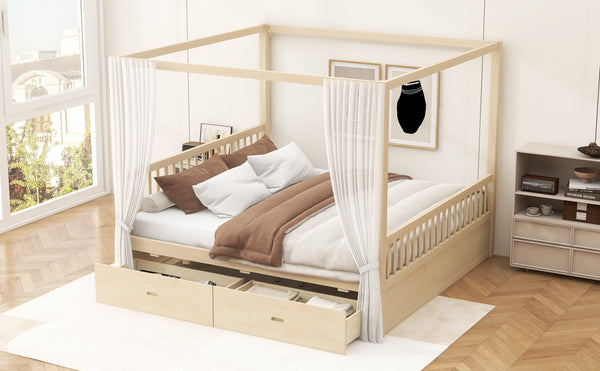English Elm Wooden Canopy Queen Bed Solid Frame with Built-in Storage Drawers Slatted Base Natural N7090005036N
