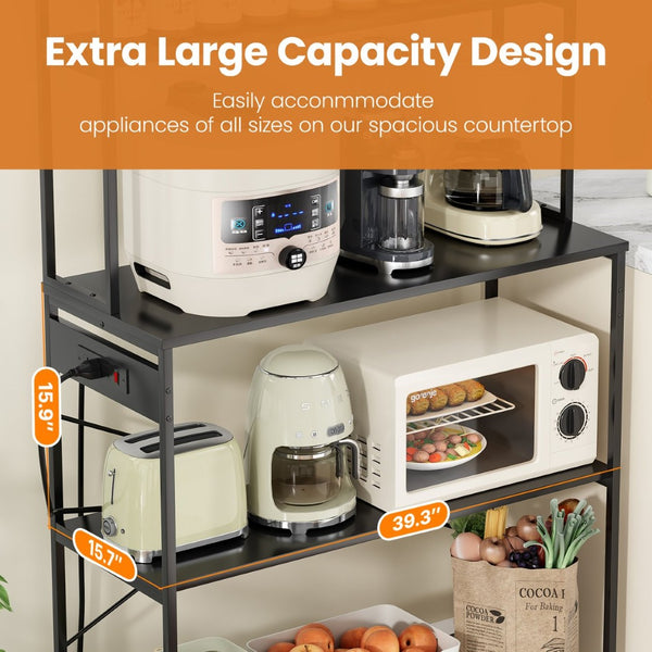 English Elm Large Five Tier Industrial Bakers Rack with Built in Outlets Microwave Stand Kitchen Organizer Black T3623P431203