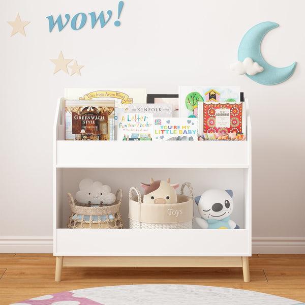 English Elm Toddler White Book Display Shelf with 3-Tier Face-Out Display and Large Bottom Bin, Modern MDF Organizer W808P350170