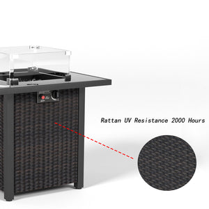 English Elm 28 28 Inch Propane Fire Pit Table with 50,000 BTU Stainless Burner, Rattan Look, Tempered Glass Top & Windscreen Brown W861P211923