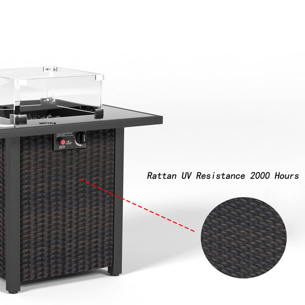 English Elm 28 28 Inch Propane Fire Pit Table with 50,000 BTU Stainless Burner, Rattan Look, Tempered Glass Top & Windscreen Brown W861P211923