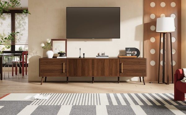 English Elm 78 Inch Walnut Entertainment Center Fluted Doors Solid Wood Legs for Living Room N710P372559P
