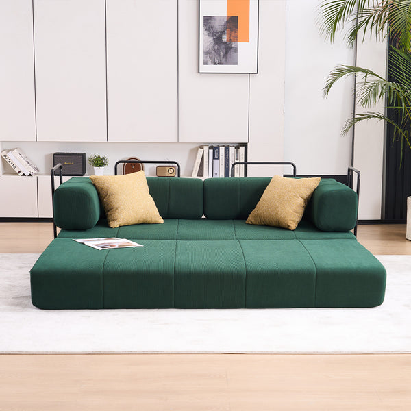 English Elm Folding Sofa Bed with Corduroy Cover, 78.5" Convertible Futon Couch, No-Assembly Foam Spring Mattress, Compact Sleeper for Living Room Green W2915P276680