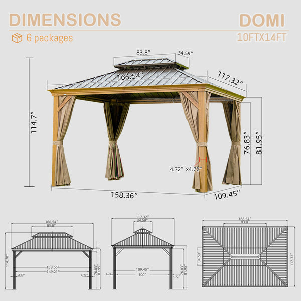 English Elm 10' X 14' Hardtop Gazebo – Durable Metal Canopy With Wood-Grain Frame, Curtains, & Weather Defense W1859S00164