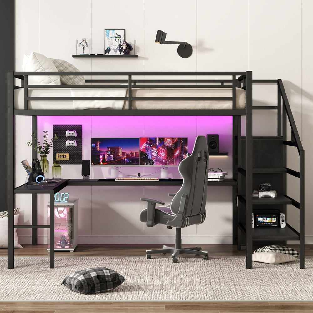 English Elm Twin Xl Metal Loft Bed with Stair Storage Shelves Sturdy Steel Frame for Dorms W1580S00545