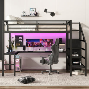 English Elm Twin Xl Metal Loft Bed with Stair Storage Shelves Sturdy Steel Frame for Dorms W1580S00545