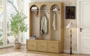 English Elm Farmhouse Hall Tree with Triple Arch Back Panel Eight Hooks Drawers and Entryway Bench N721S000071L