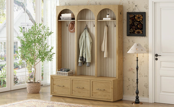 English Elm Farmhouse Hall Tree with Triple Arch Back Panel Eight Hooks Drawers and Entryway Bench N721S000071L