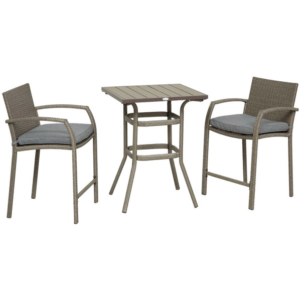 English Elm Outsunny 3-Piece Rattan Wicker Bar Set With Cushioned Stools And Wood Grain Table For Outdoor Fun W2225P217542-GIGA
