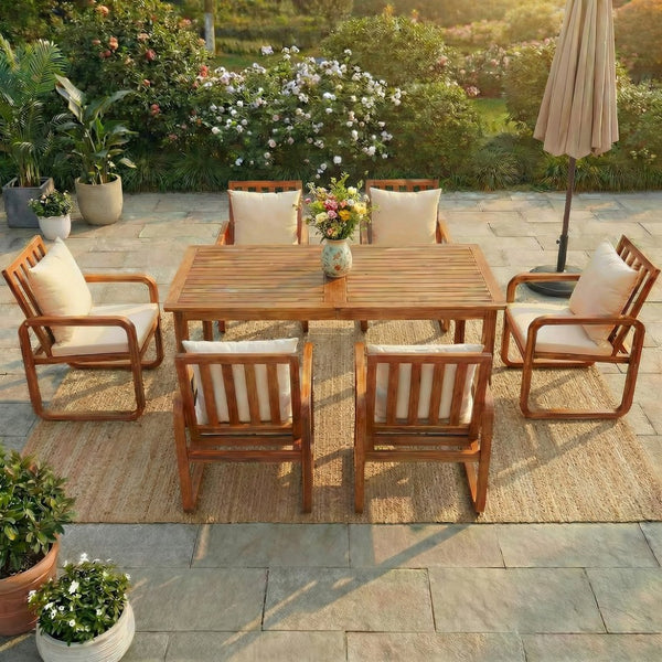 English Elm Outdoor Acacia Wood Dining Set Seats Six with Cushioned Armrest Chairs for Patio Natural Wood+Brown N719Z000200D