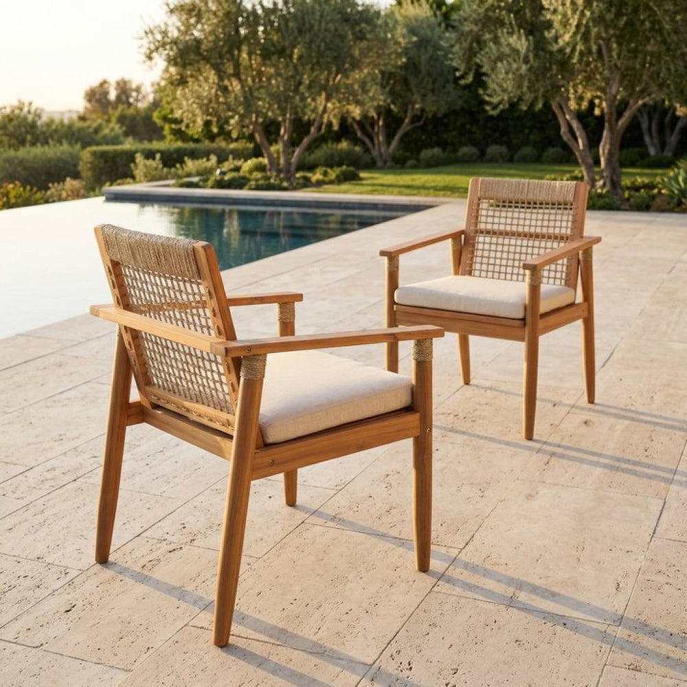 English Elm Outdoor Acacia Wood Armchair Set with Woven Rope Back Beige Cushion Patio Dining N762P386379D