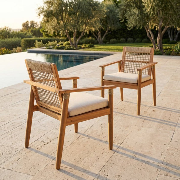 English Elm Outdoor Acacia Wood Armchair Set with Woven Rope Back Beige Cushion Patio Dining N762P386379D