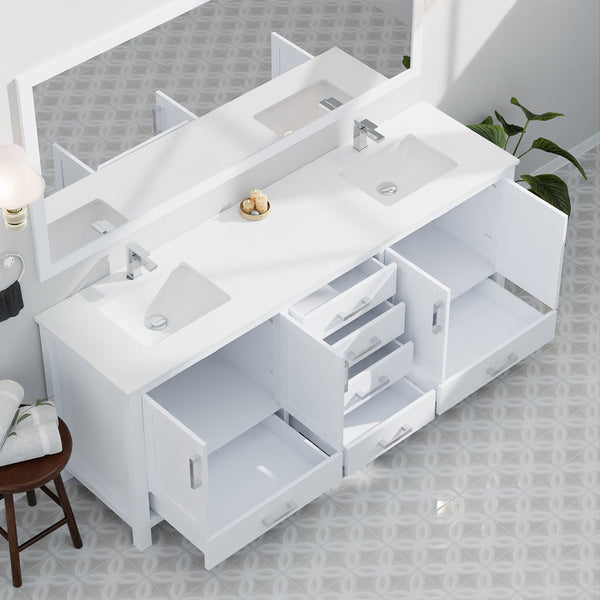 English Elm White Double Bath Vanity 84 in W x 22 in D with White Quartz Top, Solid Wood, Soft-Close Drawers and Ample Storage B2731P258968