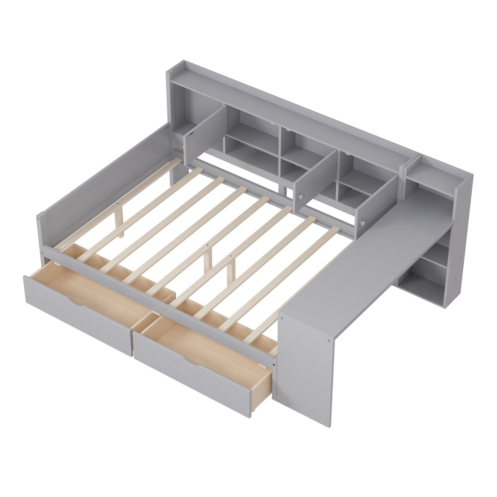 English Elm Full Full Size Daybed with Storage: L-Shape Wooden Frame, 3 Cabinets 2 Drawers, Desk & Bookshelf Gray N733S247077E