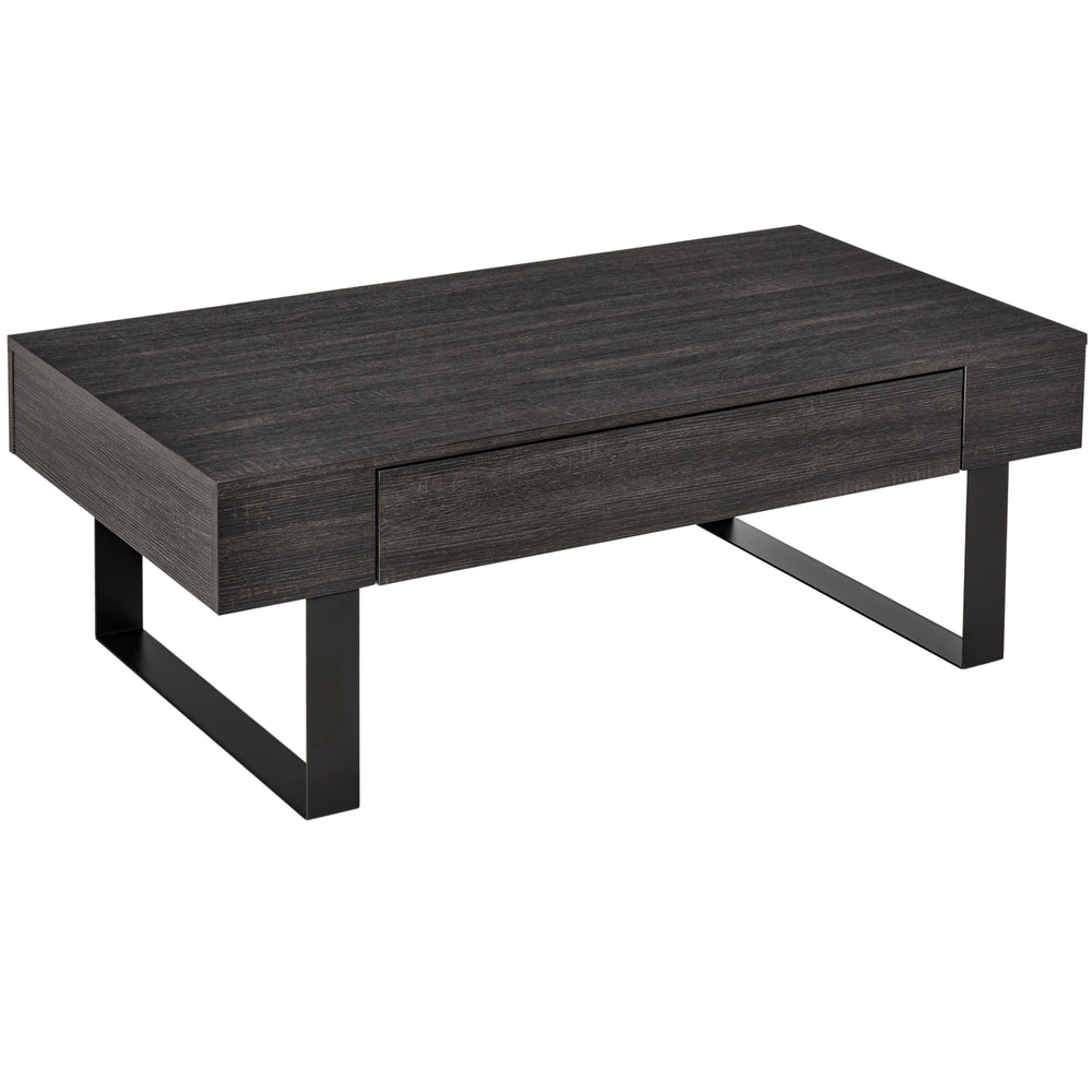 English Elm HOMCOM Rustic Mid-Century Coffee Table with Large Drawer, Wood Grain Top & Metal Sled Legs, Dark Gray W2225P249726
