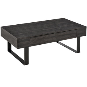 English Elm HOMCOM Rustic Mid-Century Coffee Table with Large Drawer, Wood Grain Top & Metal Sled Legs, Dark Gray W2225P249726