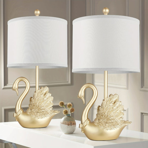 English Elm Two-piece Golden Brass Swan Sculptural Table Lamp Set with Led for Modern Decor W3355P465407