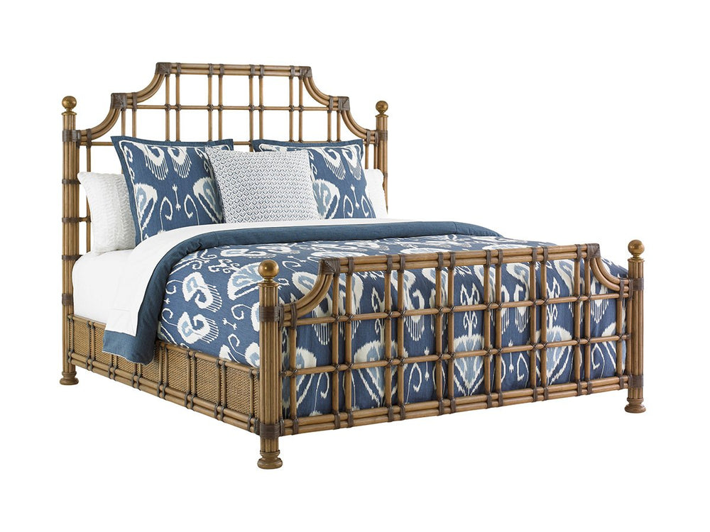 Lexington St. Kitts Rattan Queen Bed Bamboo Frame with Gold Leaf Finials Coastal Luxe Bedroom 558-143C