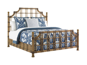 Lexington St. Kitts Rattan Queen Bed Bamboo Frame with Gold Leaf Finials Coastal Luxe Bedroom 558-143C