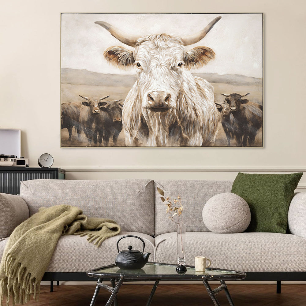 English Elm White White Highland Cow Canvas Wall Art - Framed Solid Wood Minimalist Farmhouse Print for Living Room Bedroom Décor Gift W3374P322232