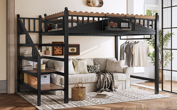 English Elm Twin Xl Metal Loft Bed with Stair Storage Shelves Sturdy Steel Frame for Dorms W1580S00379